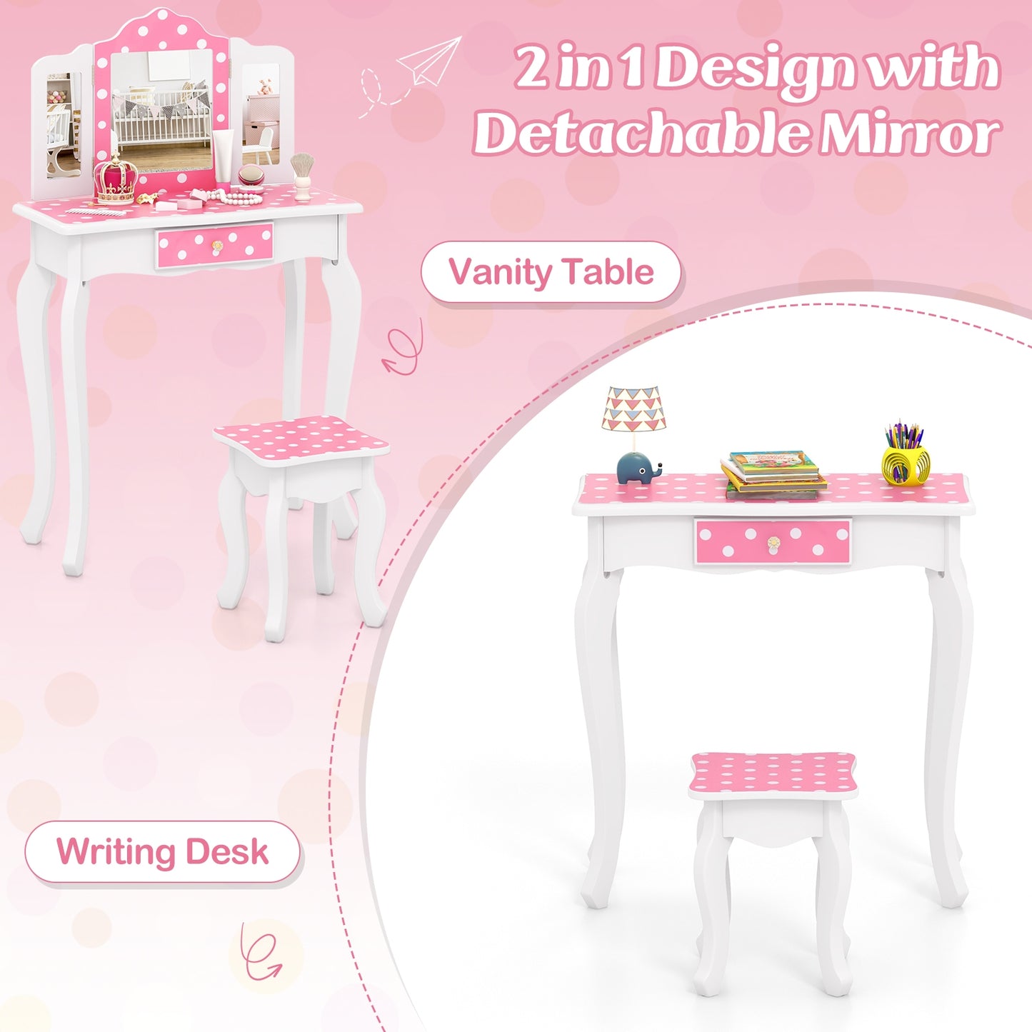 Princess Pretend Play Makeup Dressing Table with Cute Polka Dot Print-Pink Kids Crystal