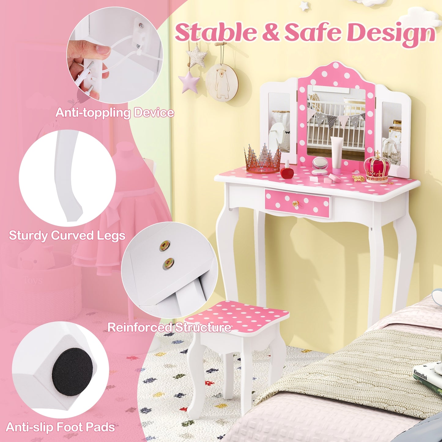 Princess Pretend Play Makeup Dressing Table with Cute Polka Dot Print-Pink Kids Crystal