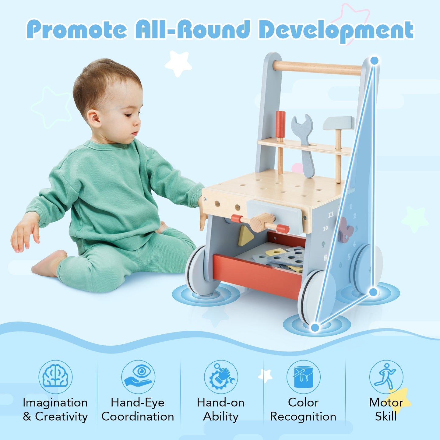 2-in-1 Toddler Wooden Baby Push Walker with Multi-Activity Center Kids Crystal
