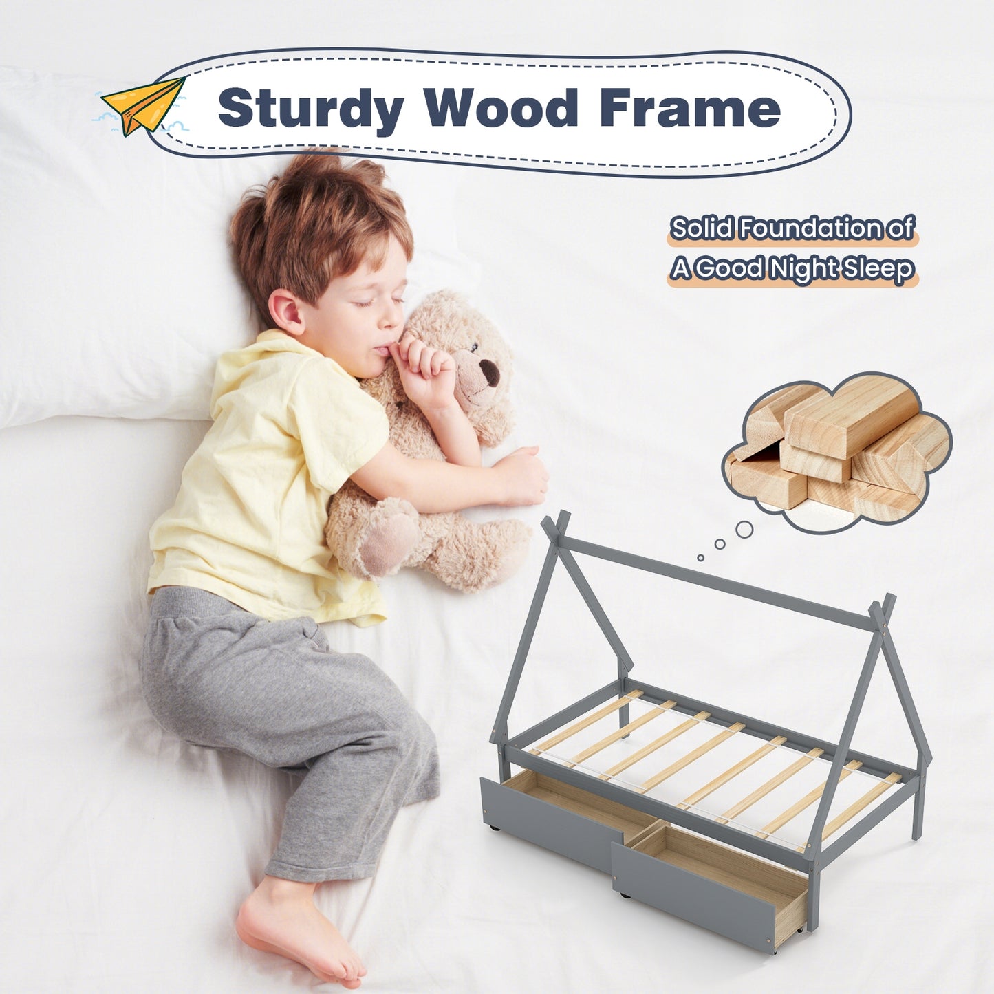 Twin Size Wooden Tent Platform House Bed with 2 Drawers-Gray Kids Crystal