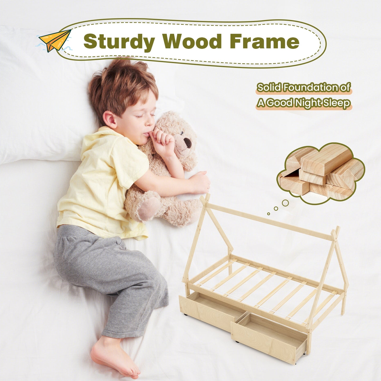 Twin Size Wooden Tent Platform House Bed with 2 Drawers-Natural Kids Crystal