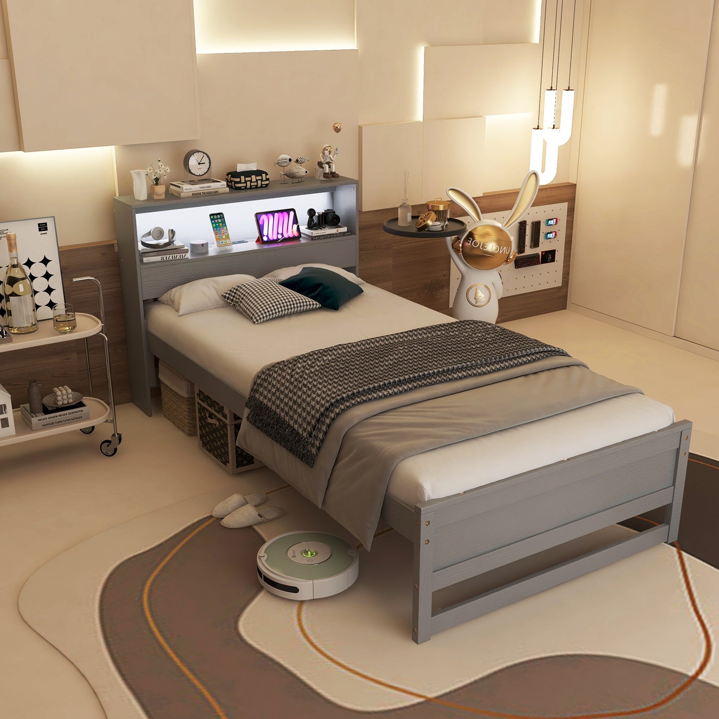 Twin Size Bed Frame with Storage Headboard and Charging Station-Gray Kids Crystal