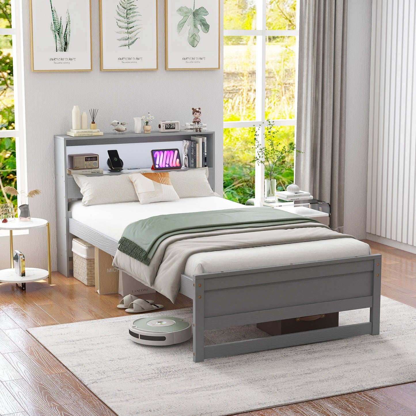 Twin Size Bed Frame with Storage Headboard and Charging Station-Gray Kids Crystal
