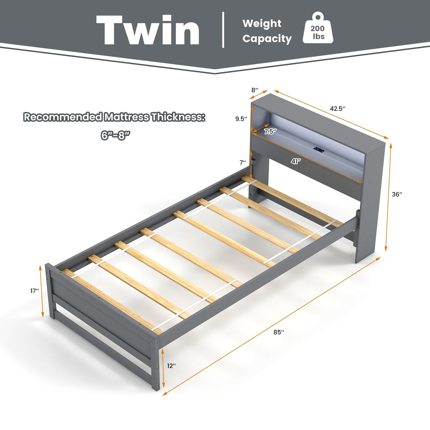 Twin Size Bed Frame with Storage Headboard and Charging Station-Gray Kids Crystal