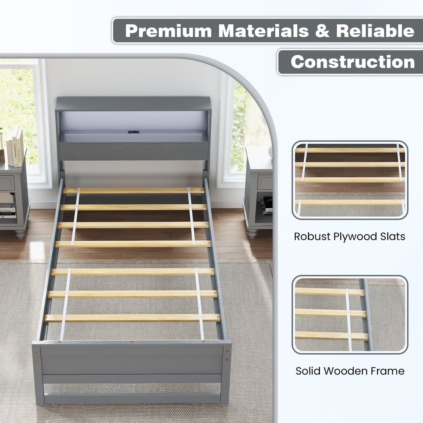 Twin Size Bed Frame with Storage Headboard and Charging Station-Gray Kids Crystal