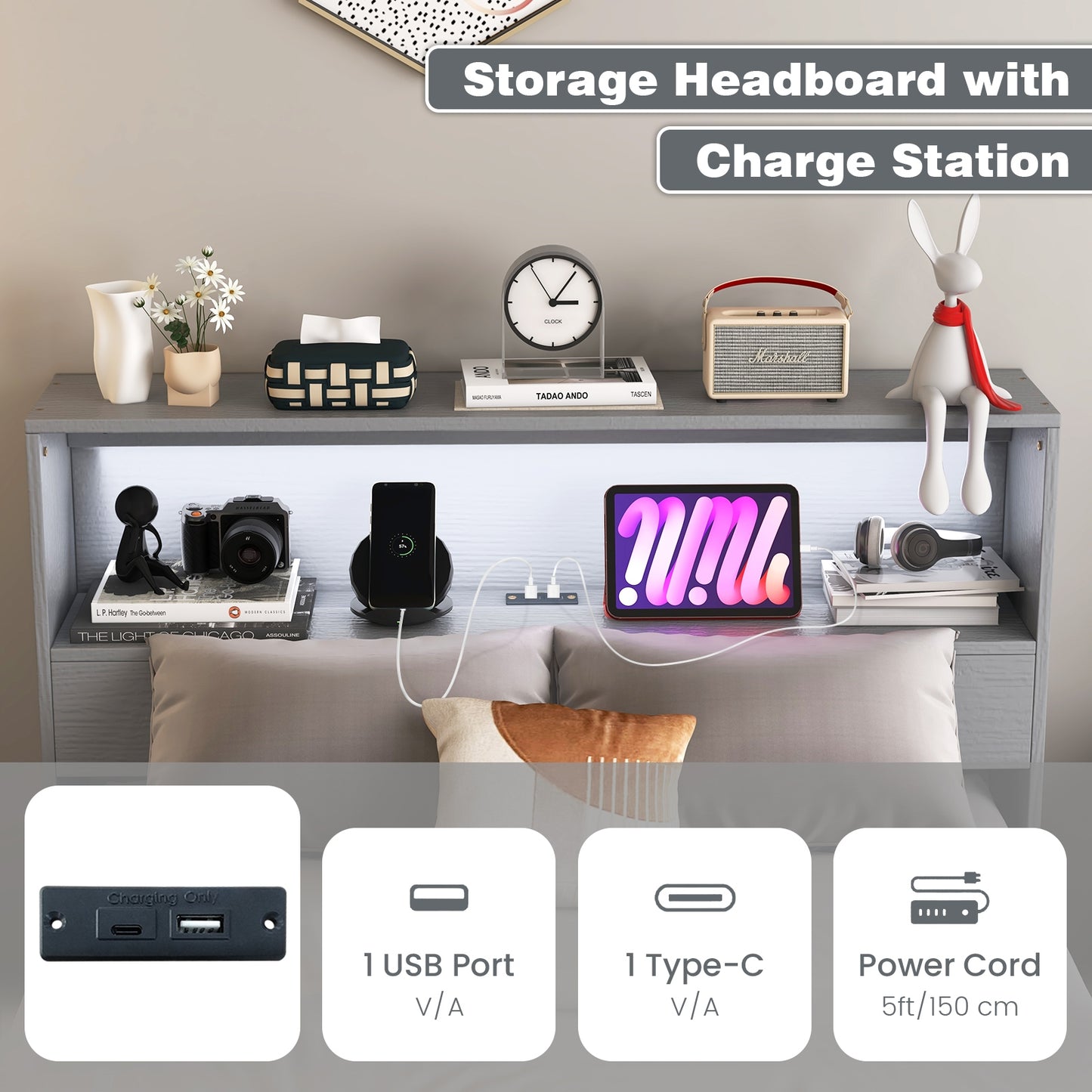 Twin Size Bed Frame with Storage Headboard and Charging Station-Gray Kids Crystal