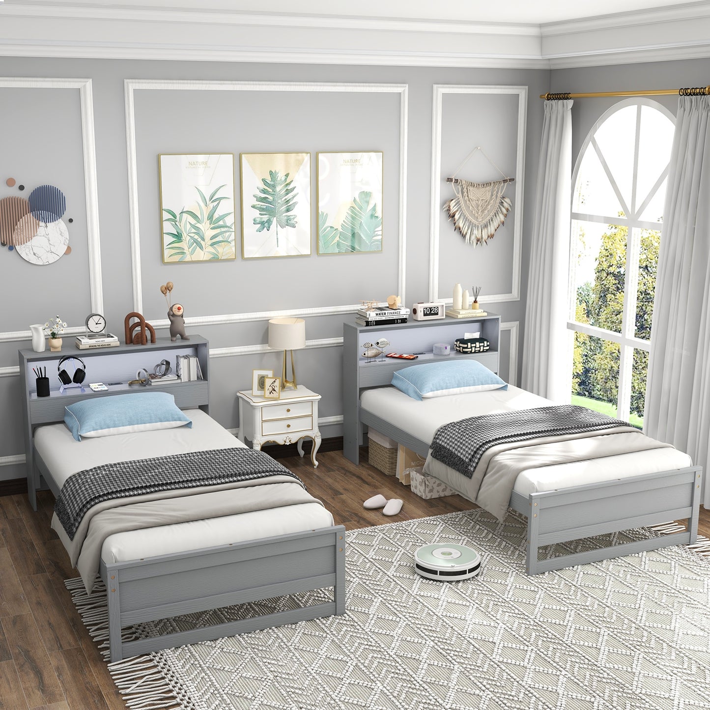 Twin Size Bed Frame with Storage Headboard and Charging Station-Gray Kids Crystal