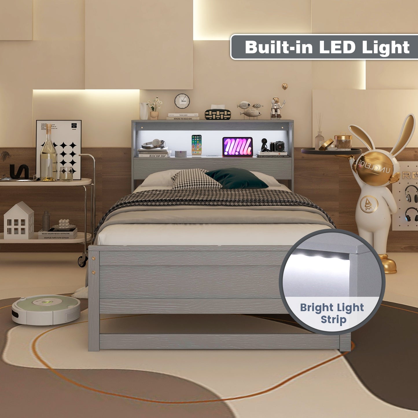 Twin Size Bed Frame with Storage Headboard and Charging Station-Gray Kids Crystal