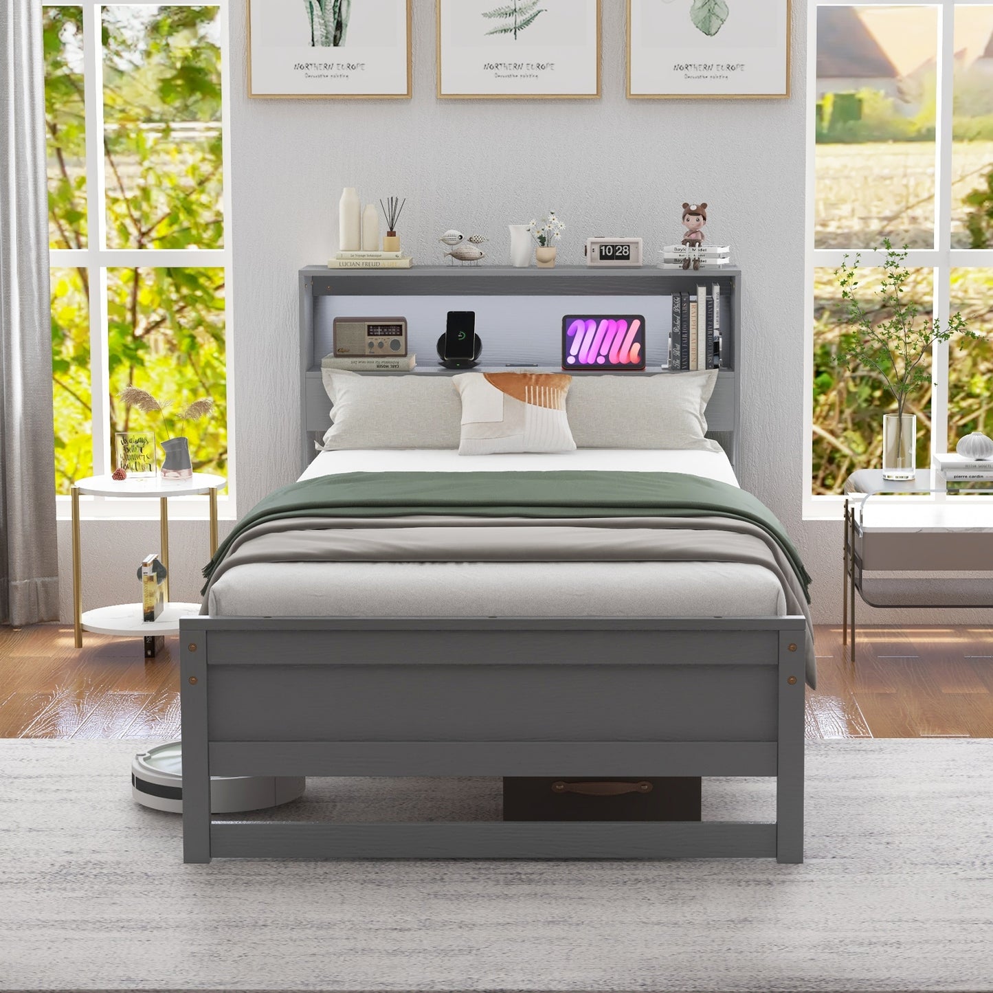 Twin Size Bed Frame with Storage Headboard and Charging Station-Gray Kids Crystal
