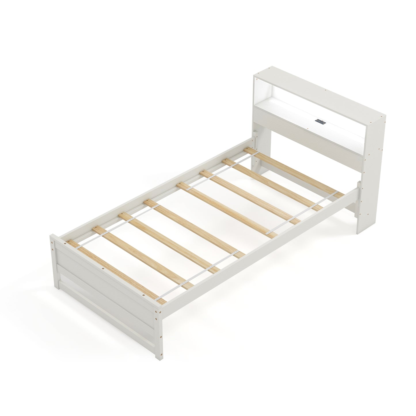 Twin Size Bed Frame with Storage Headboard and Charging Station-White Kids Crystal