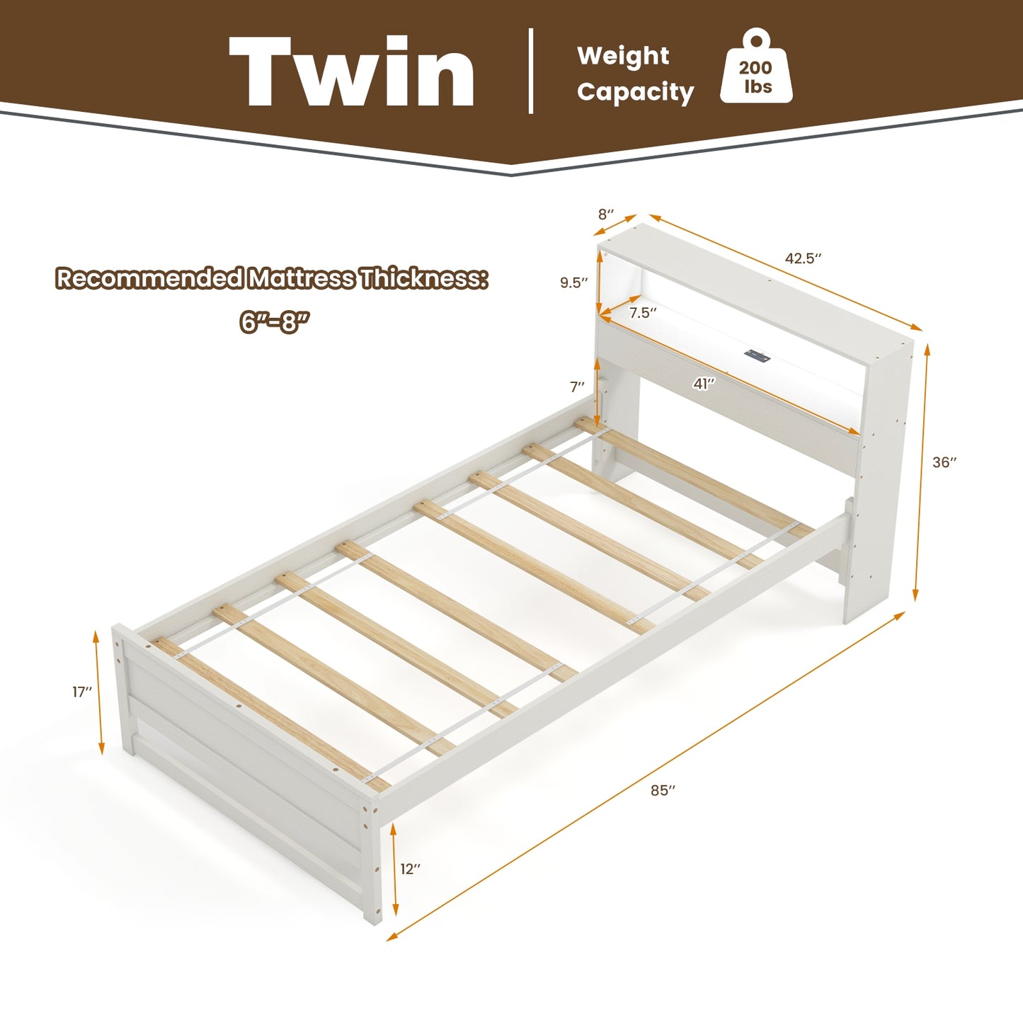 Twin Size Bed Frame with Storage Headboard and Charging Station-White Kids Crystal