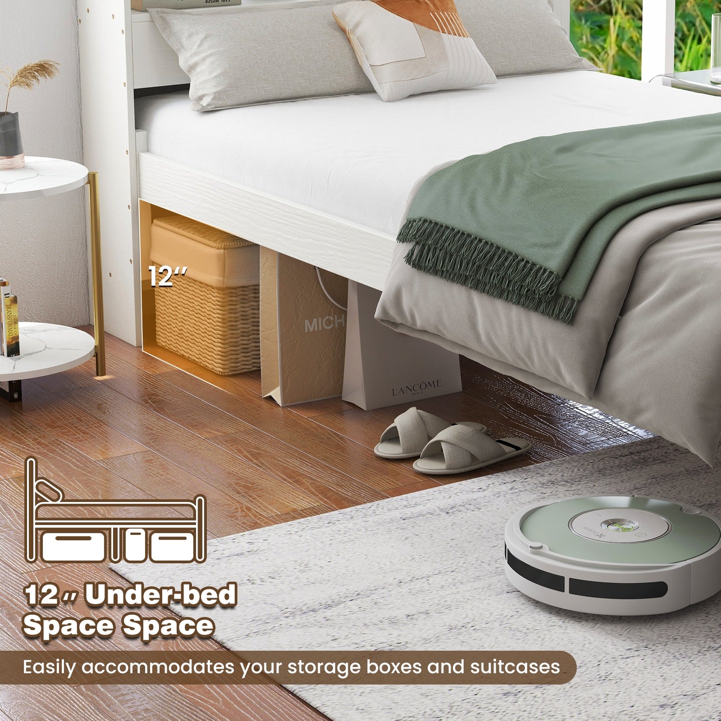 Twin Size Bed Frame with Storage Headboard and Charging Station-White Kids Crystal