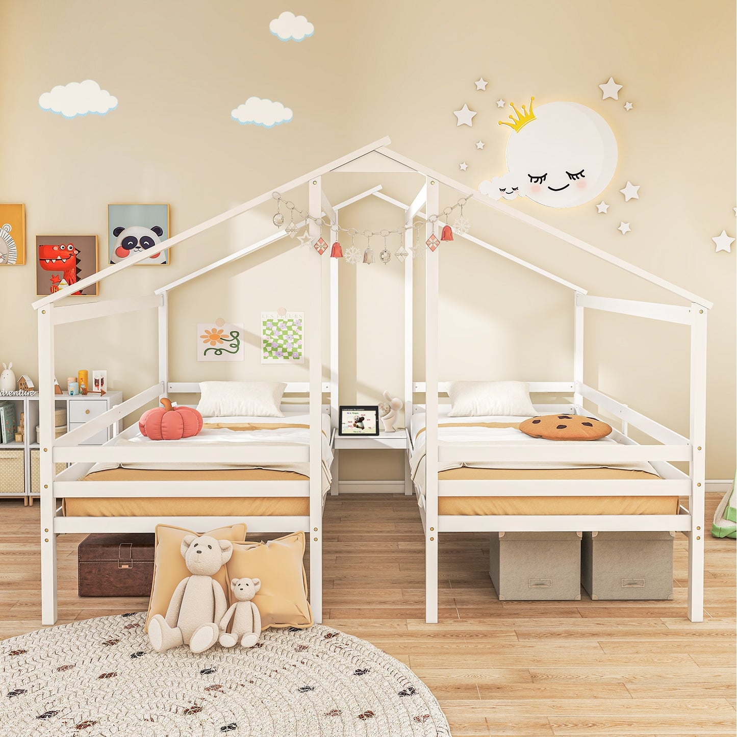 Double Twin Size Wooden Bed Frames with Built-in Table for Kids-White Kids Crystal