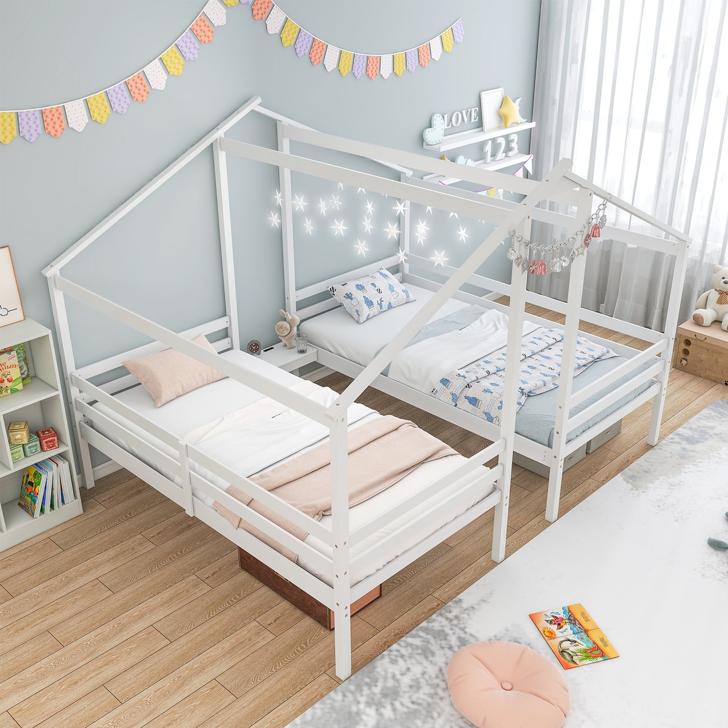 Double Twin Size Wooden Bed Frames with Built-in Table for Kids-White Kids Crystal