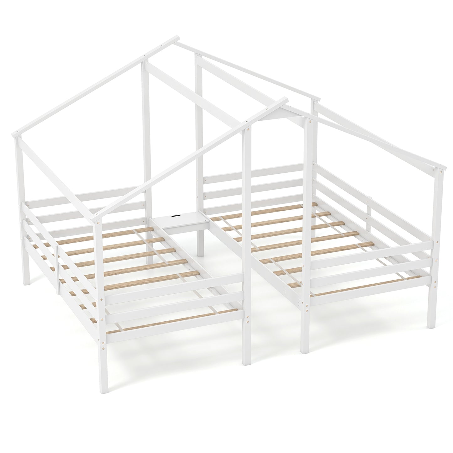 Double Twin Size Wooden Bed Frames with Built-in Table for Kids-White Kids Crystal