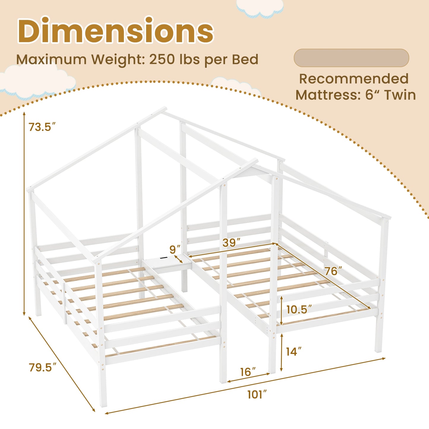 Double Twin Size Wooden Bed Frames with Built-in Table for Kids-White Kids Crystal