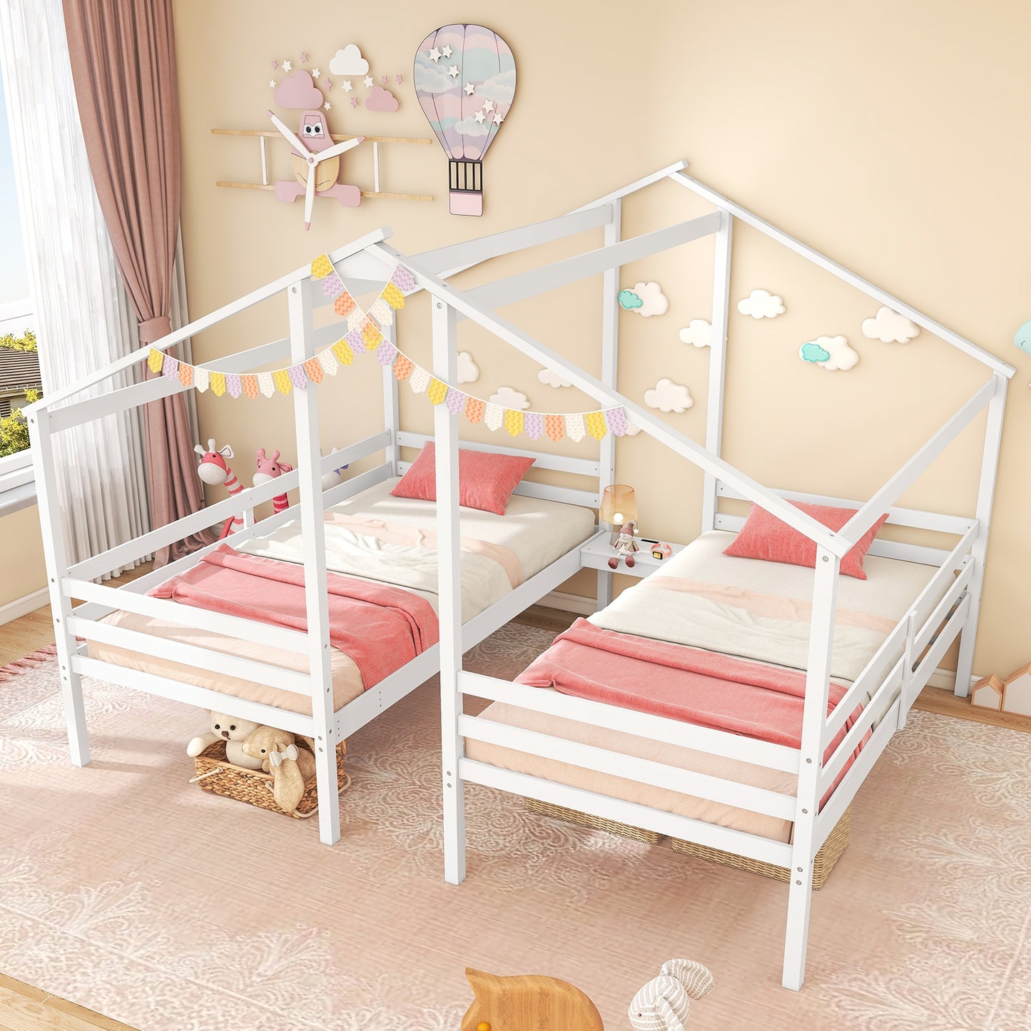 Double Twin Size Wooden Bed Frames with Built-in Table for Kids-White Kids Crystal