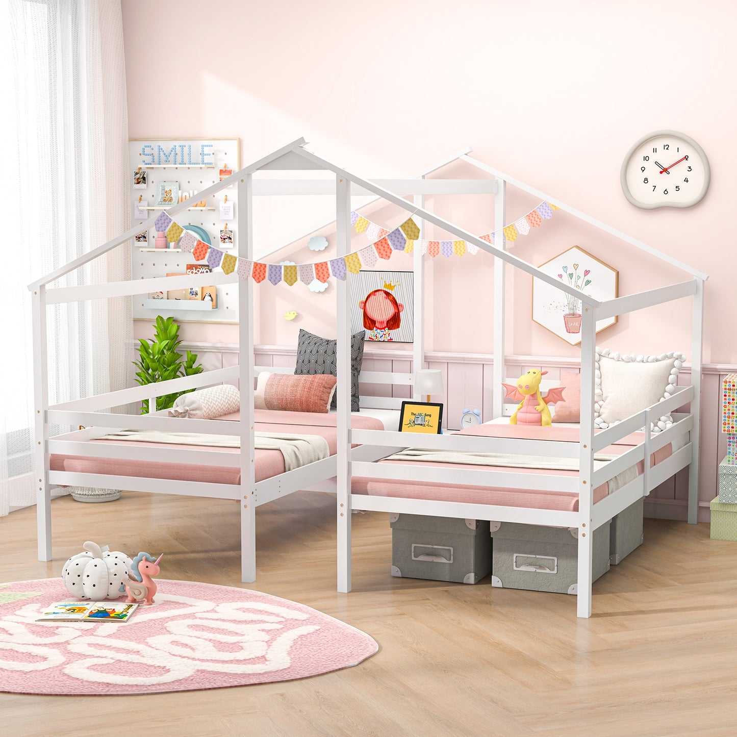 Double Twin Size Wooden Bed Frames with Built-in Table for Kids-White Kids Crystal