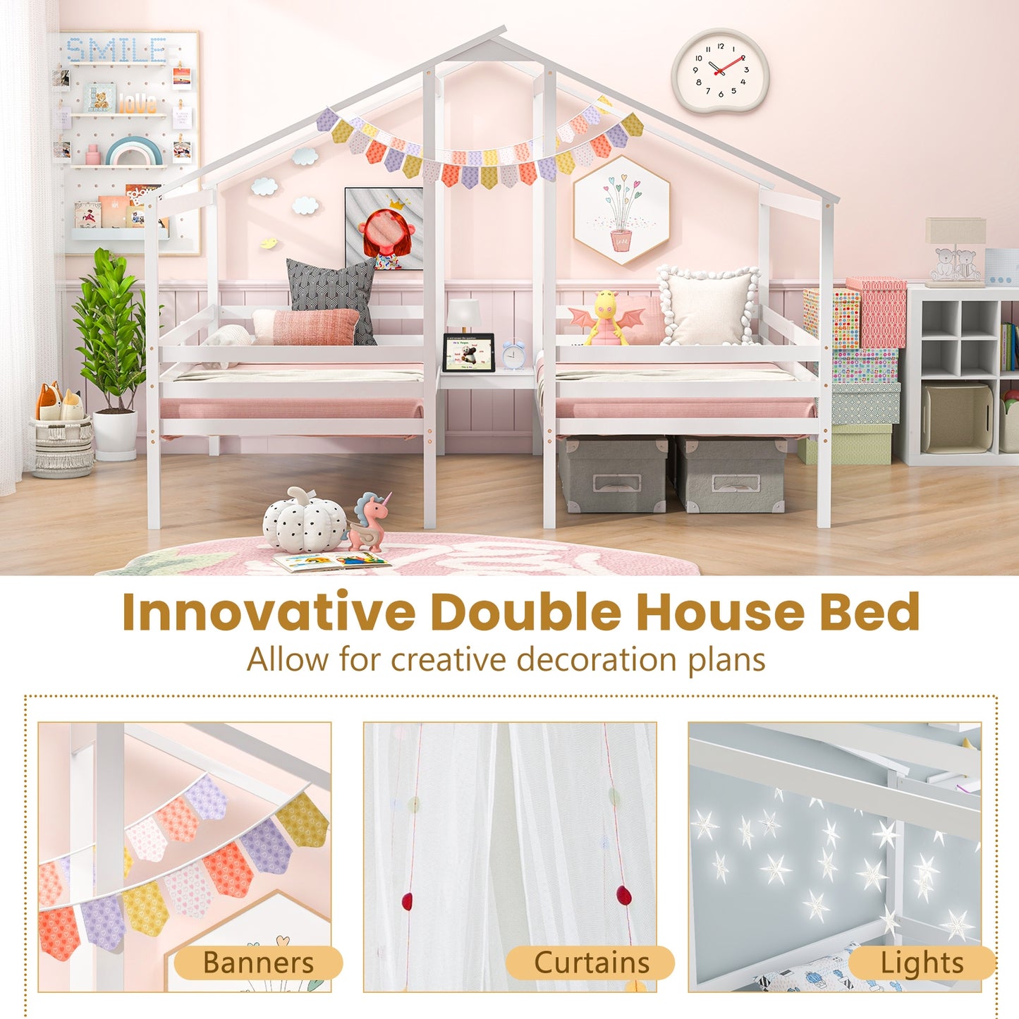 Double Twin Size Wooden Bed Frames with Built-in Table for Kids-White Kids Crystal