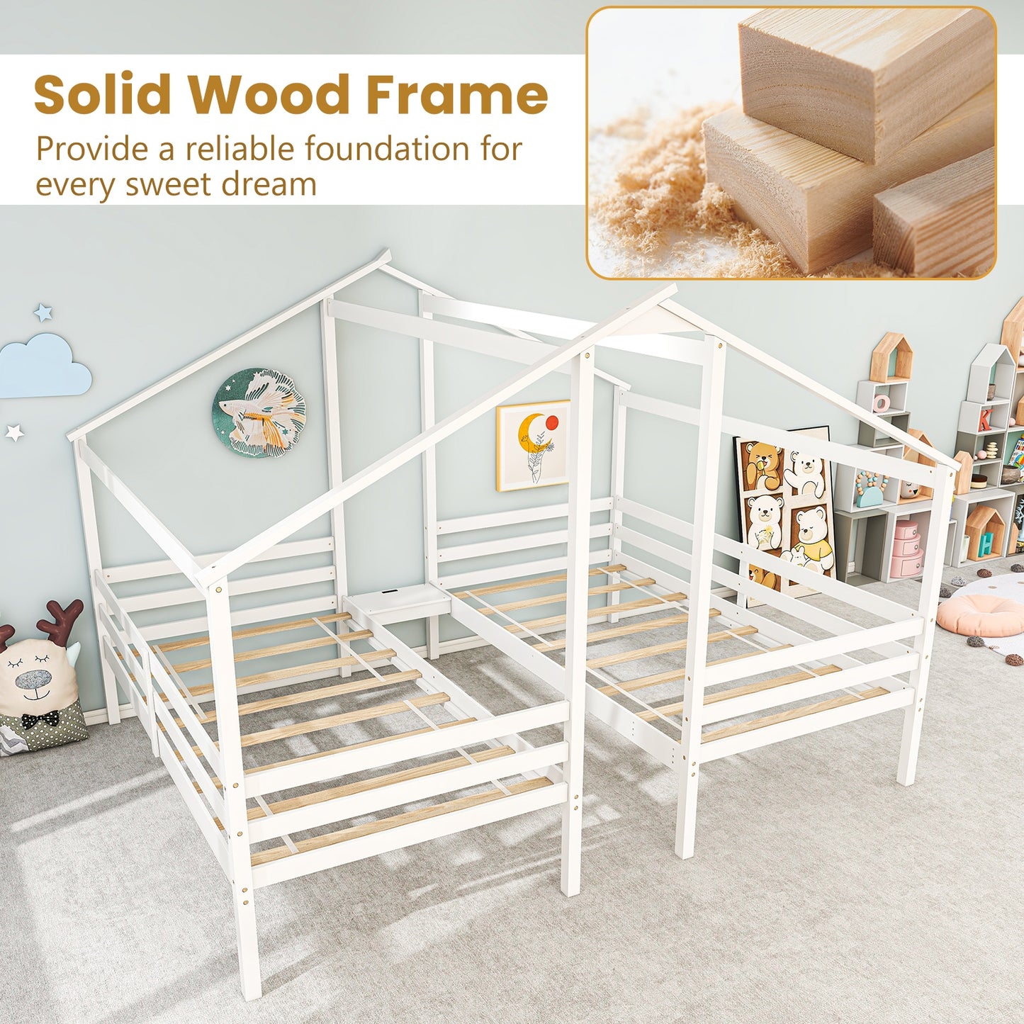 Double Twin Size Wooden Bed Frames with Built-in Table for Kids-White Kids Crystal