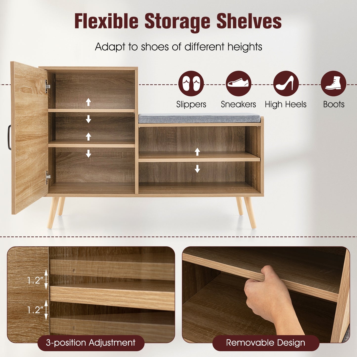 2-in-1 Rattan Shoe Cabinet with Bench Shoe Storage Bench with Washable Cushion-Natural Kids Crystal