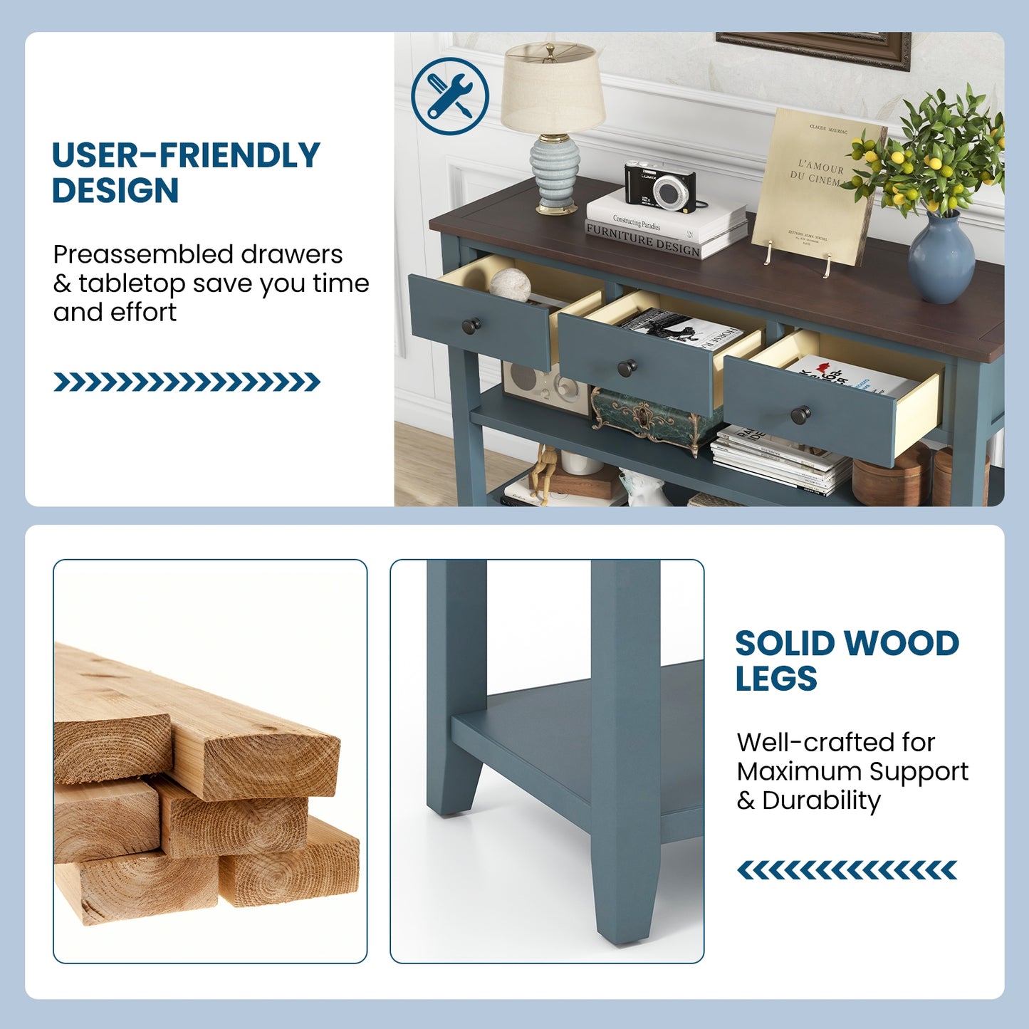 50 Inch Entryway Table Narrow Long Sofa Table with Drawers and Shelves-Dark Blue Kids Crystal