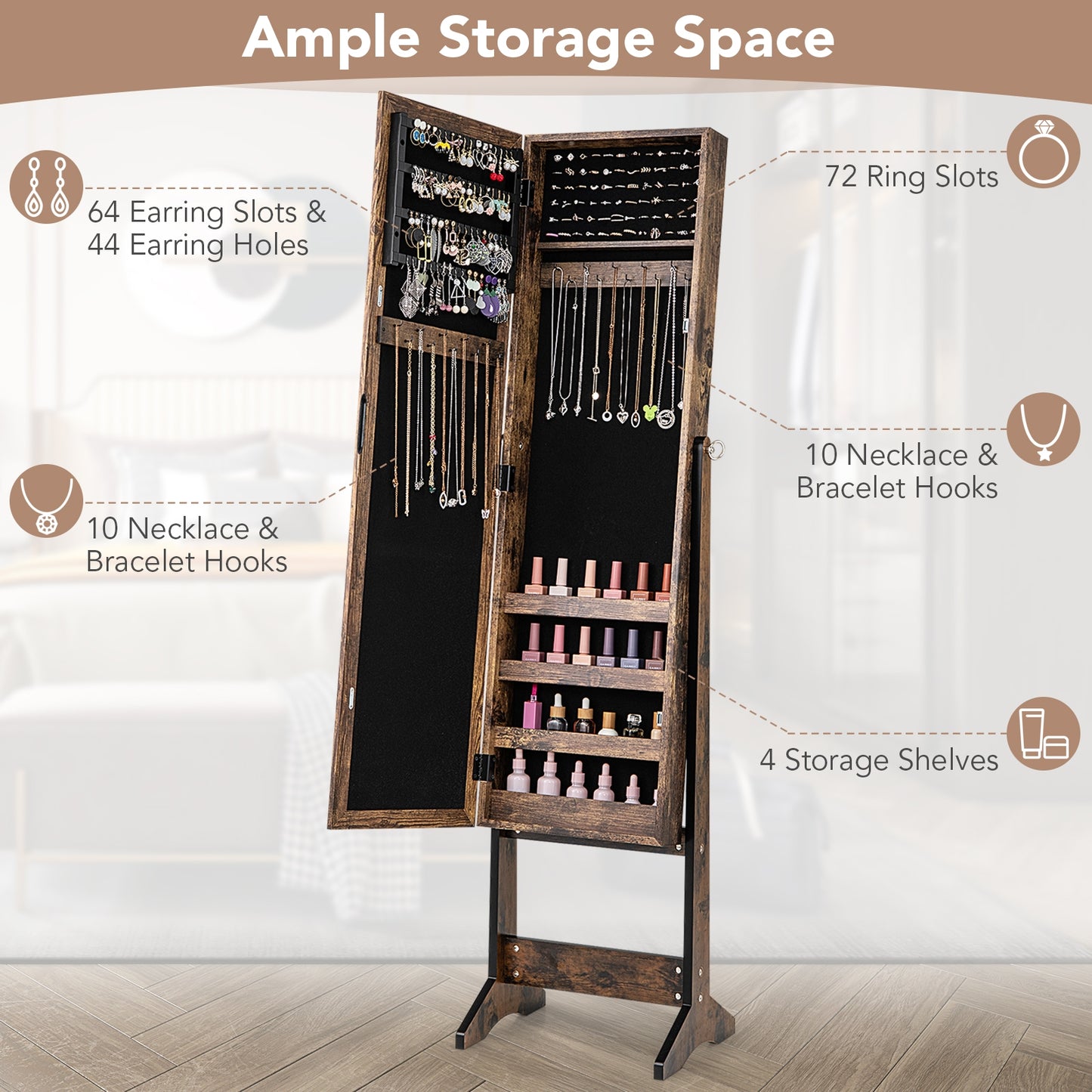 Mirrored Standing Jewelry Cabinet Storage Box-Brown Kids Crystal
