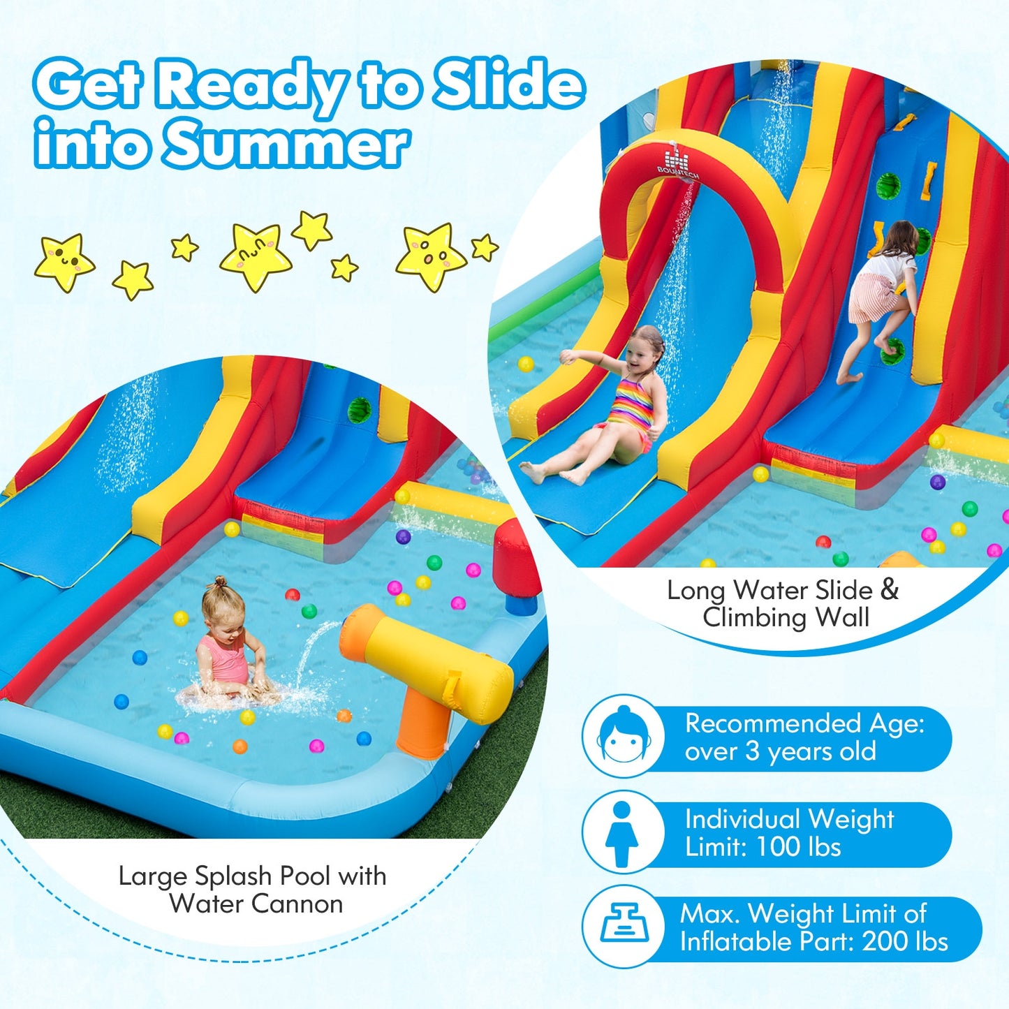 Inflatable Water Slide Water Park with Long Slide and Splash Pools and Ball Pit with 735W Blower Kids Crystal