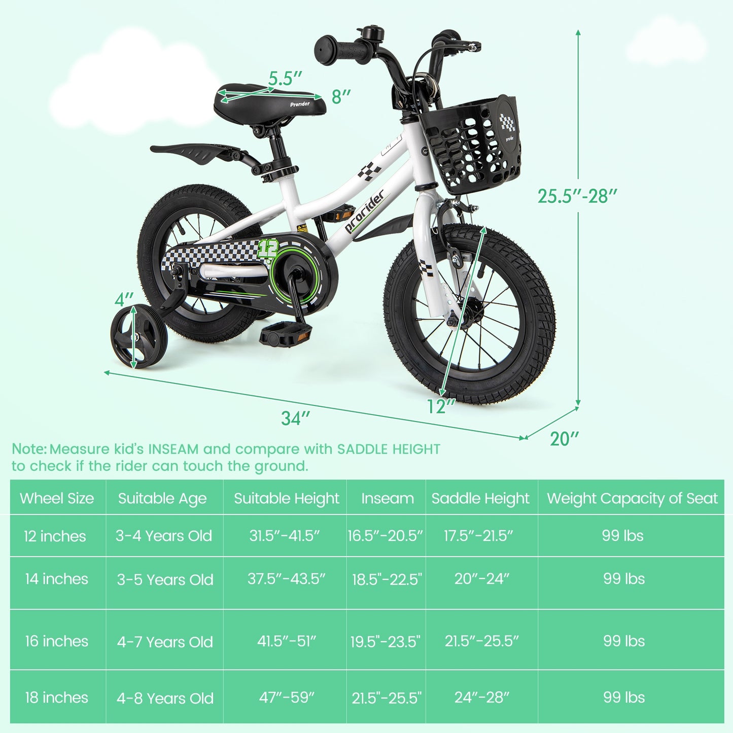12 Inch Kids Bike Children Bicycle with Training Wheels for 3-4 Years Old-White Kids Crystal