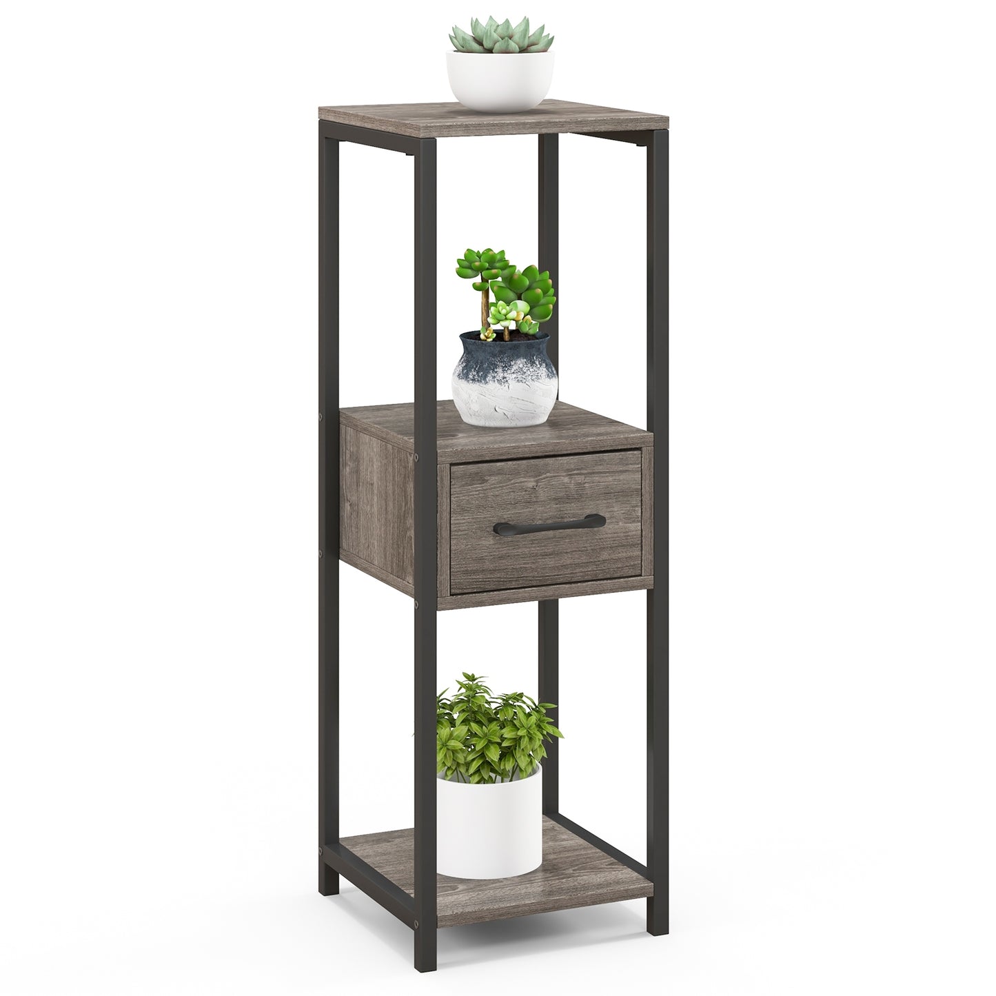3 Tier Tall Metal Plant Stand with Drawer for Balcony Office-Gray