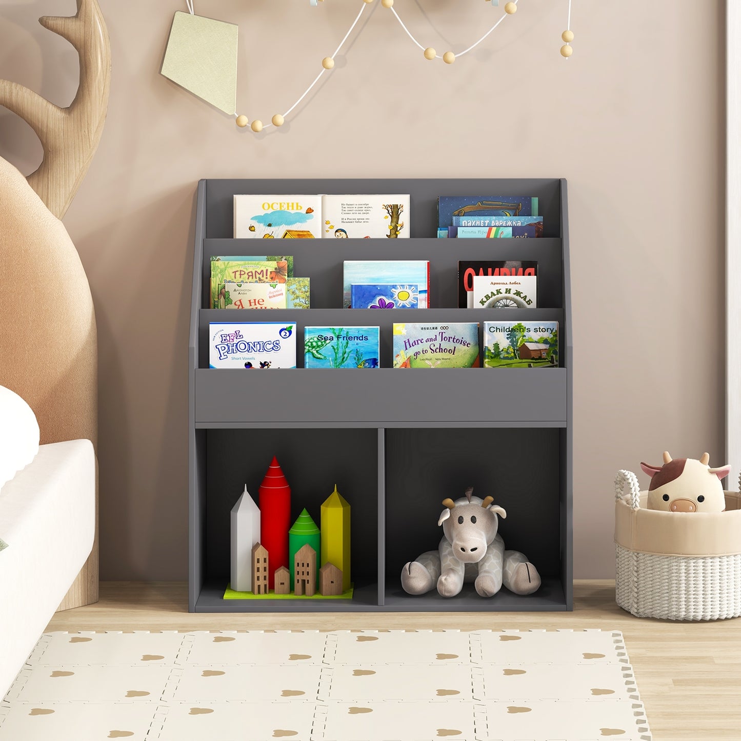 Kids Wooden Bookshelf Bookcase Children Toy Storage Cabinet Organizer-Gray Kids Crystal
