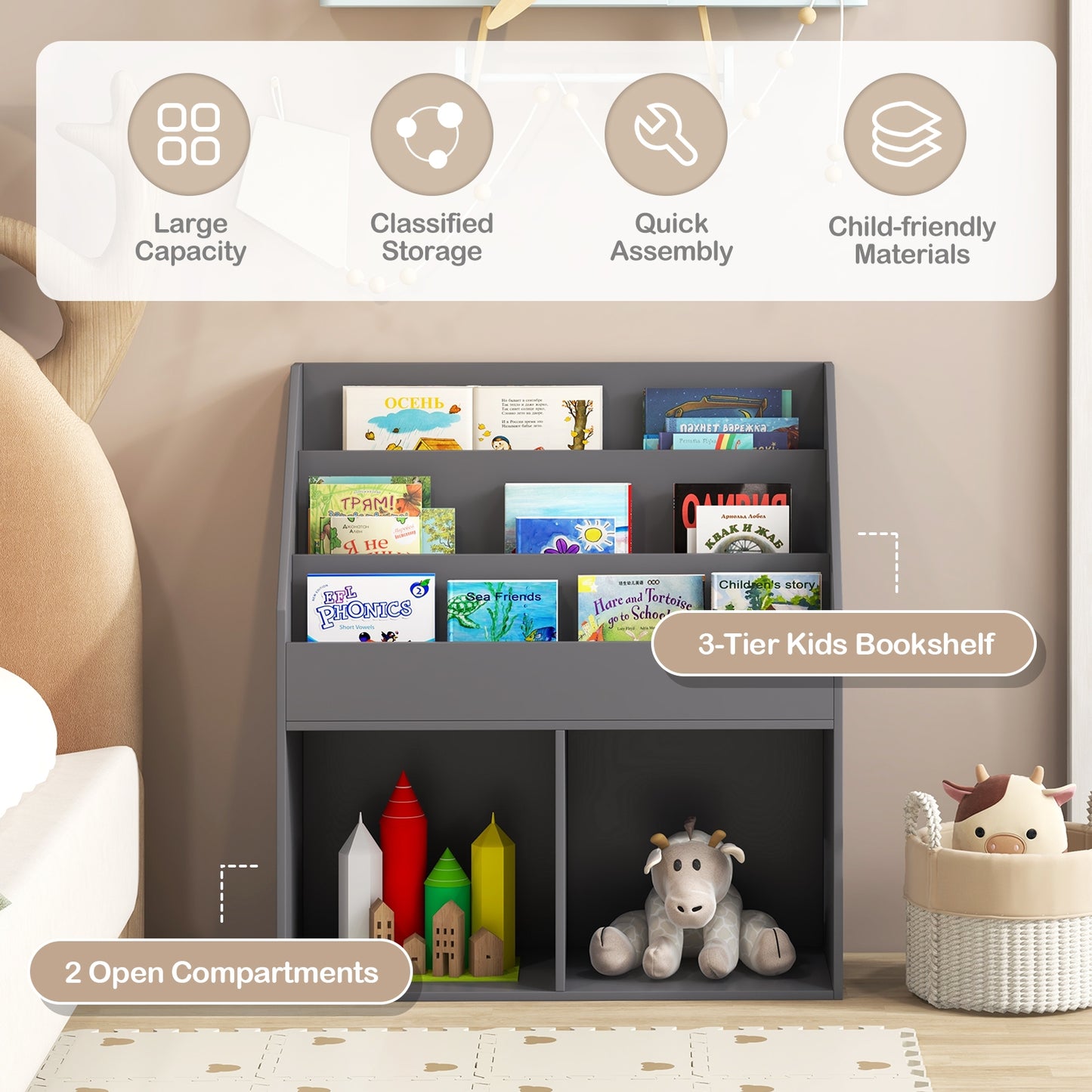 Kids Wooden Bookshelf Bookcase Children Toy Storage Cabinet Organizer-Gray Kids Crystal