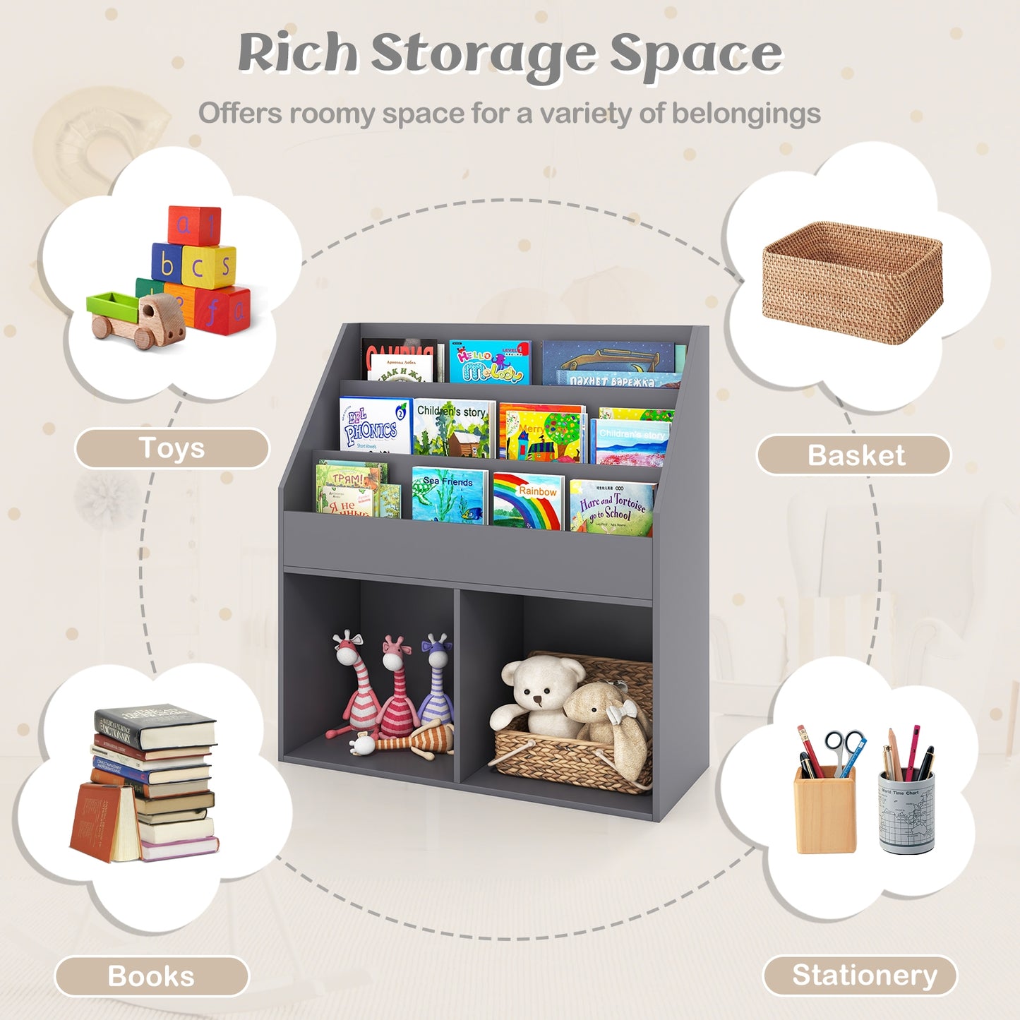 Kids Wooden Bookshelf Bookcase Children Toy Storage Cabinet Organizer-Gray Kids Crystal