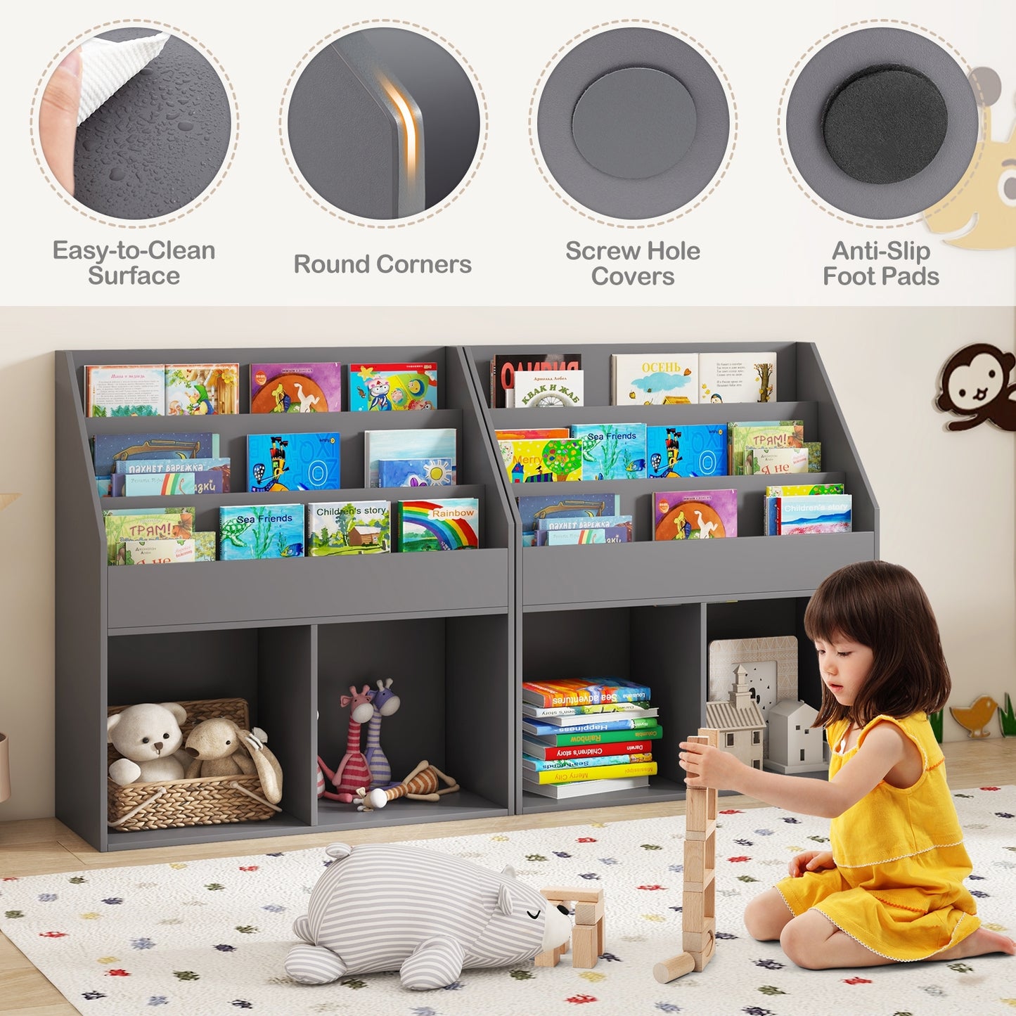Kids Wooden Bookshelf Bookcase Children Toy Storage Cabinet Organizer-Gray Kids Crystal