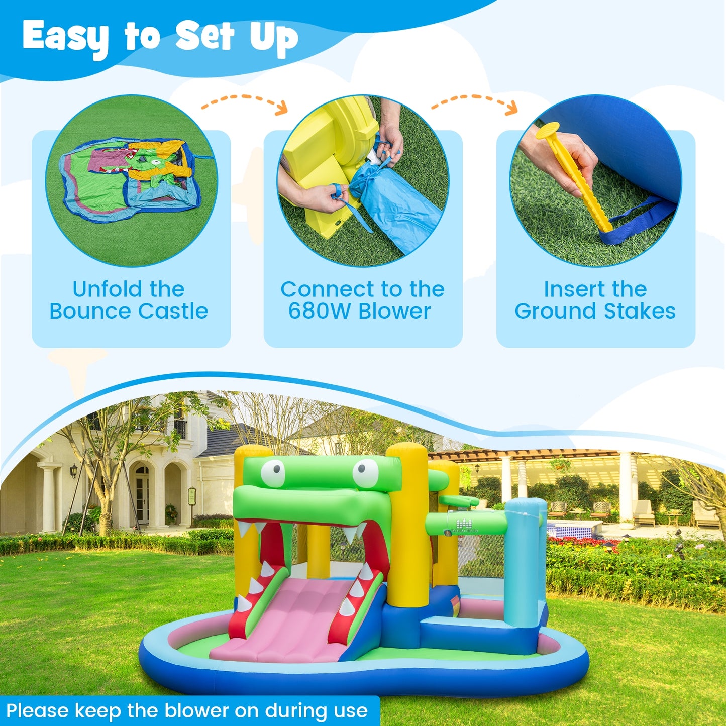 Inflatable Bounce House with Slide and Splash Pooland and 680W Blower Kids Crystal