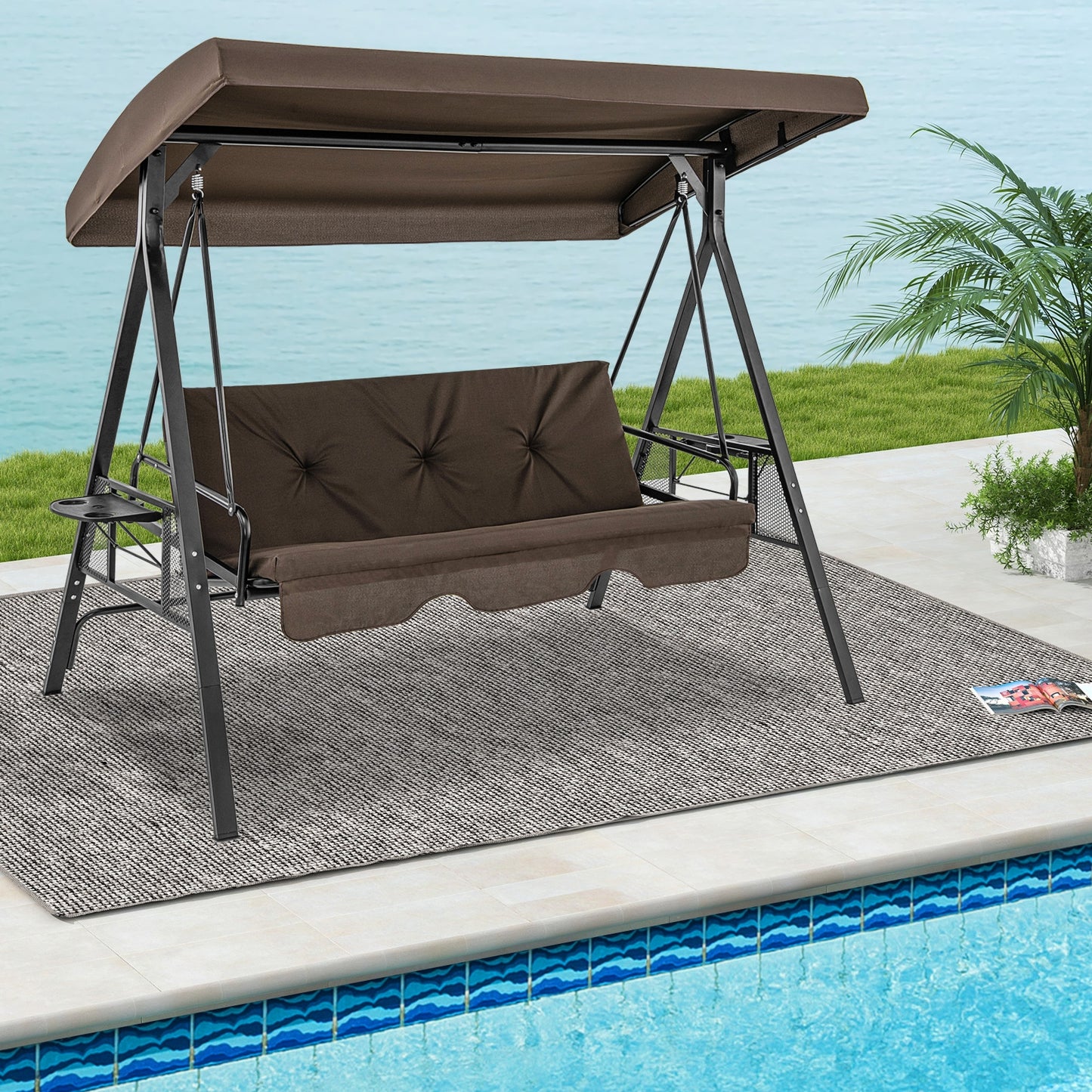Convertible 3-Seat Patio Porch Swing Chair to Flat Bed with Adjustable Canopy-Brown Kids Crystal