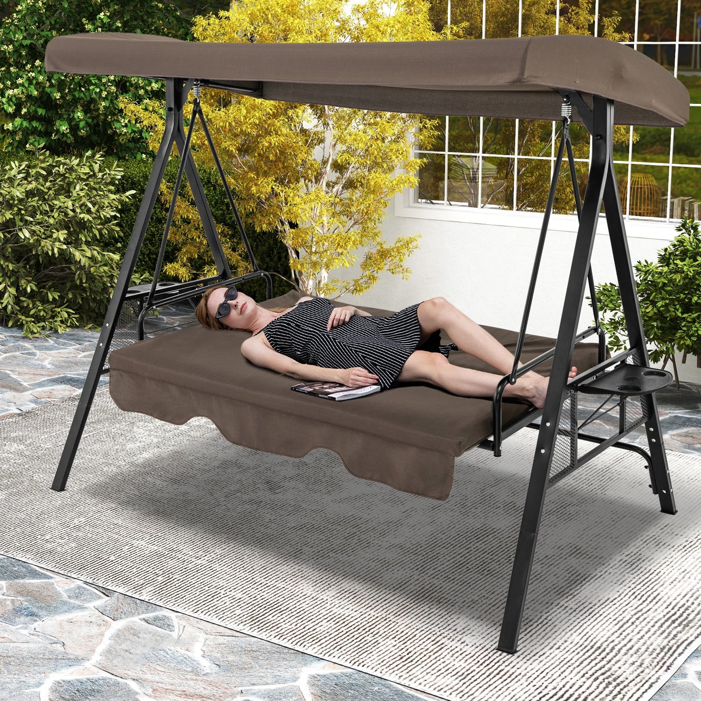 Convertible 3-Seat Patio Porch Swing Chair to Flat Bed with Adjustable Canopy-Brown Kids Crystal