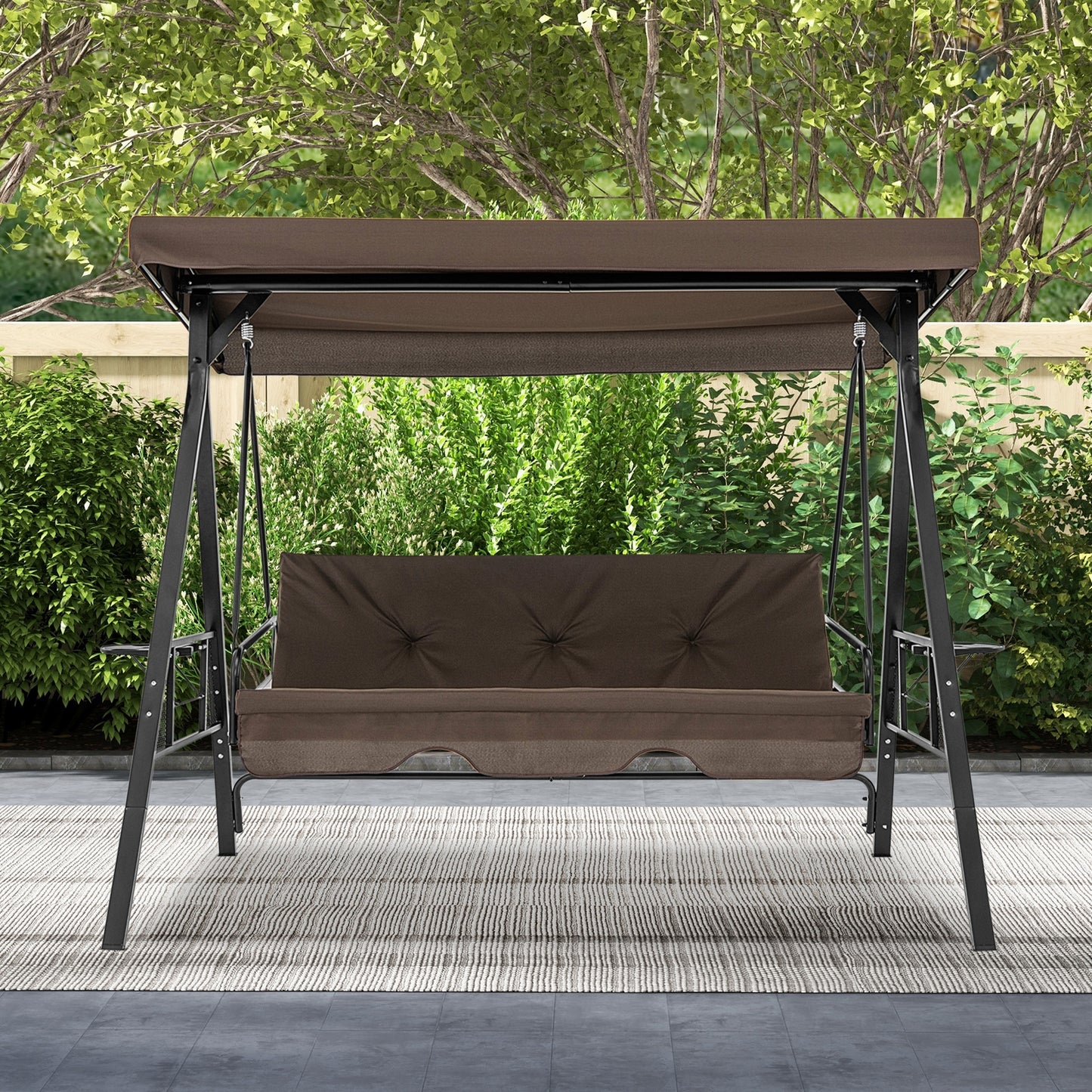 Convertible 3-Seat Patio Porch Swing Chair to Flat Bed with Adjustable Canopy-Brown Kids Crystal
