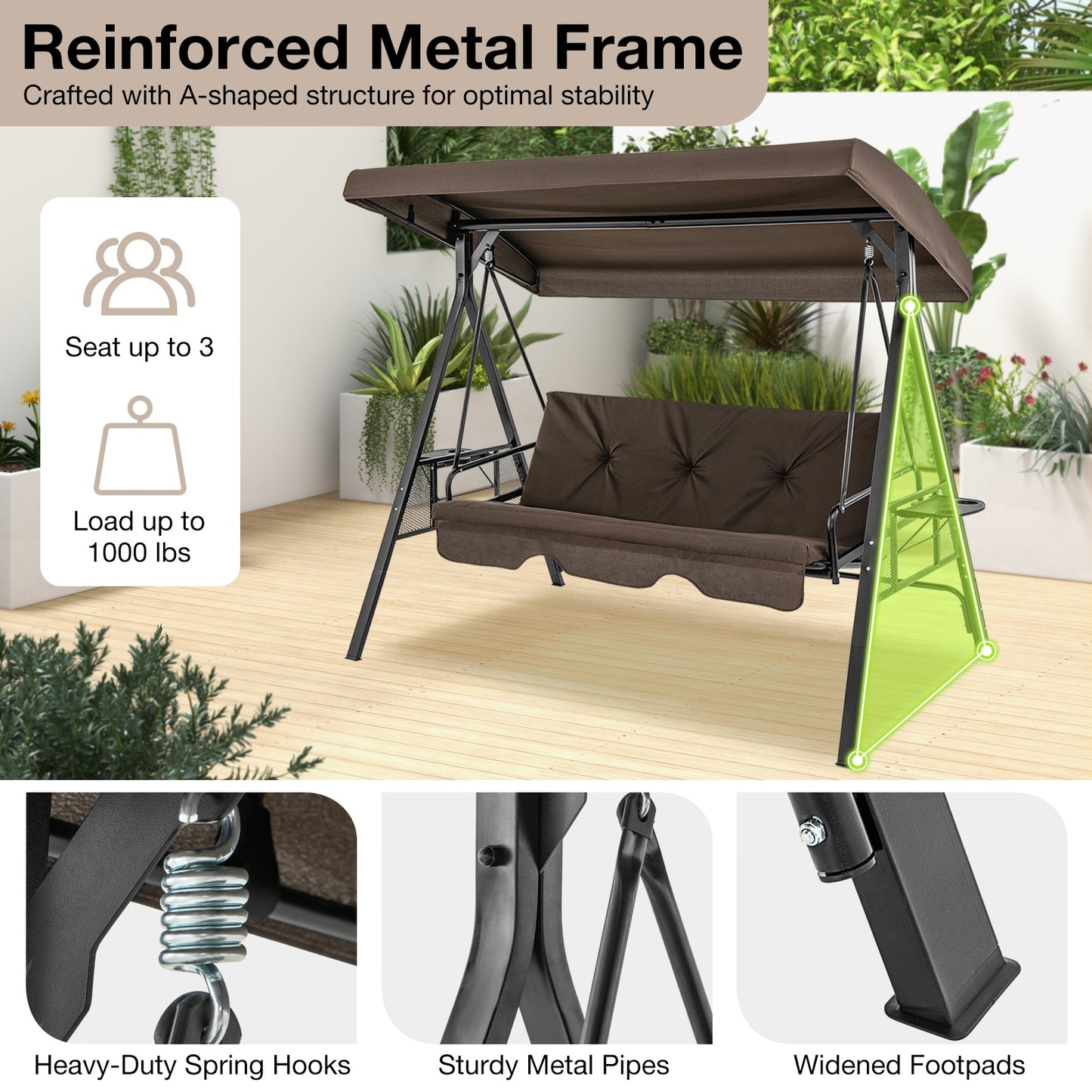 Convertible 3-Seat Patio Porch Swing Chair to Flat Bed with Adjustable Canopy-Brown Kids Crystal