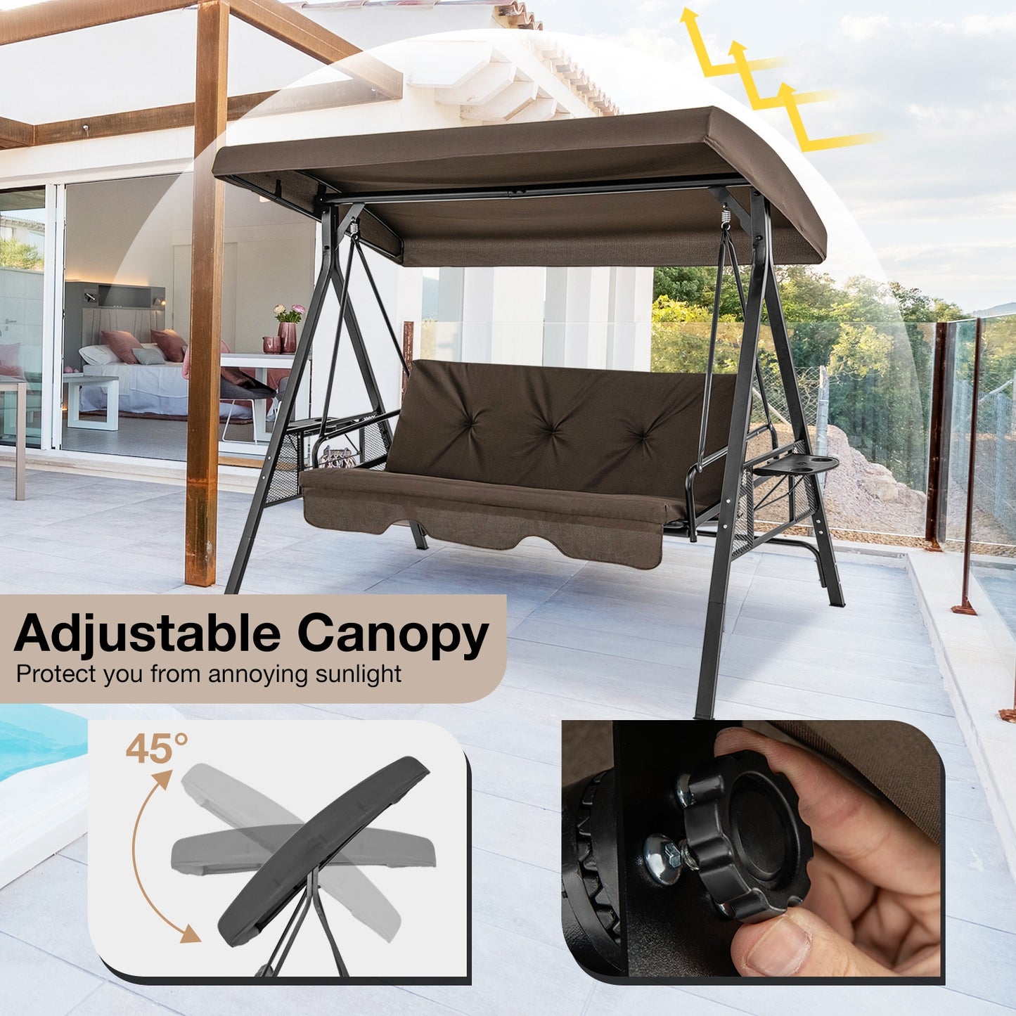 Convertible 3-Seat Patio Porch Swing Chair to Flat Bed with Adjustable Canopy-Brown Kids Crystal
