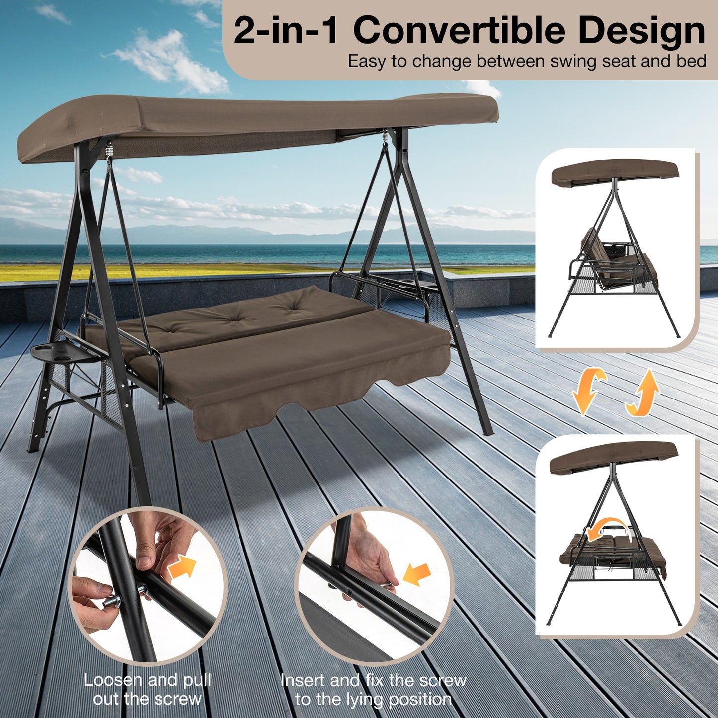 Convertible 3-Seat Patio Porch Swing Chair to Flat Bed with Adjustable Canopy-Brown Kids Crystal