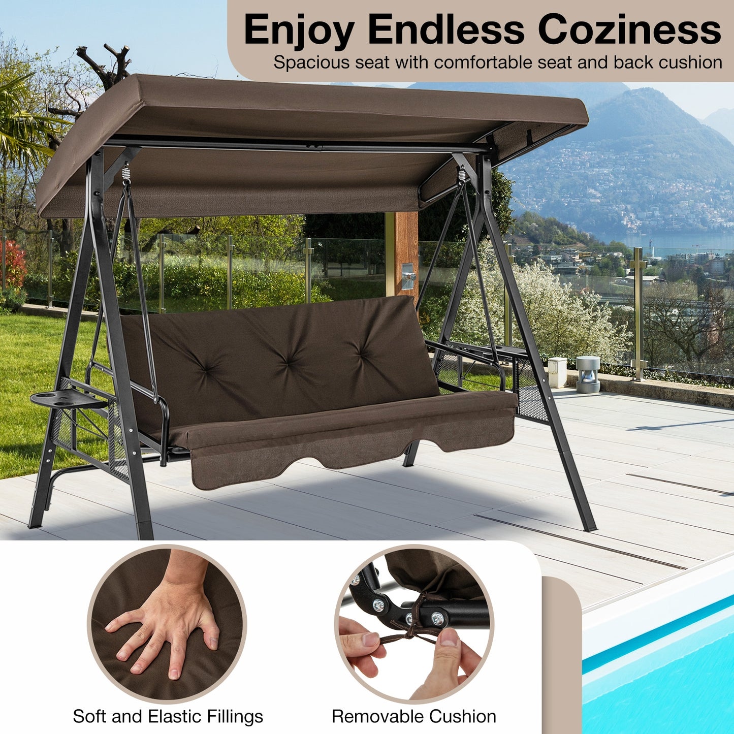 Convertible 3-Seat Patio Porch Swing Chair to Flat Bed with Adjustable Canopy-Brown Kids Crystal