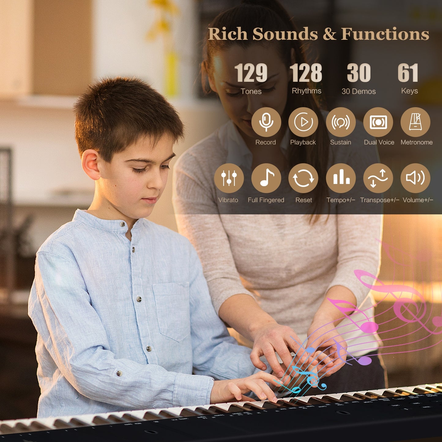 61-Key Portable Electronic Keyboard Piano Complete Digital Piano Set with Stand and Stool Kids Crystal