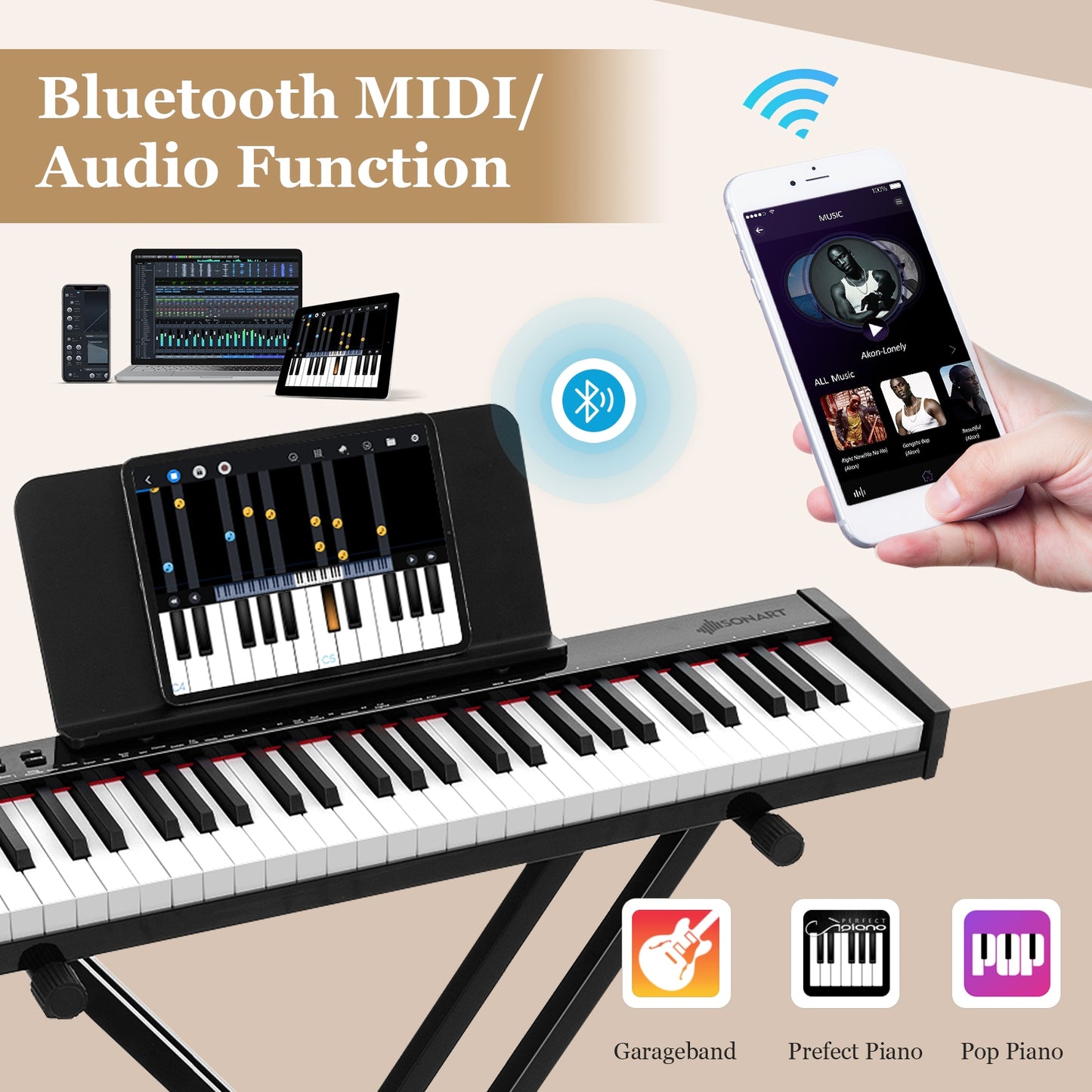 61-Key Portable Electronic Keyboard Piano Complete Digital Piano Set with Stand and Stool Kids Crystal