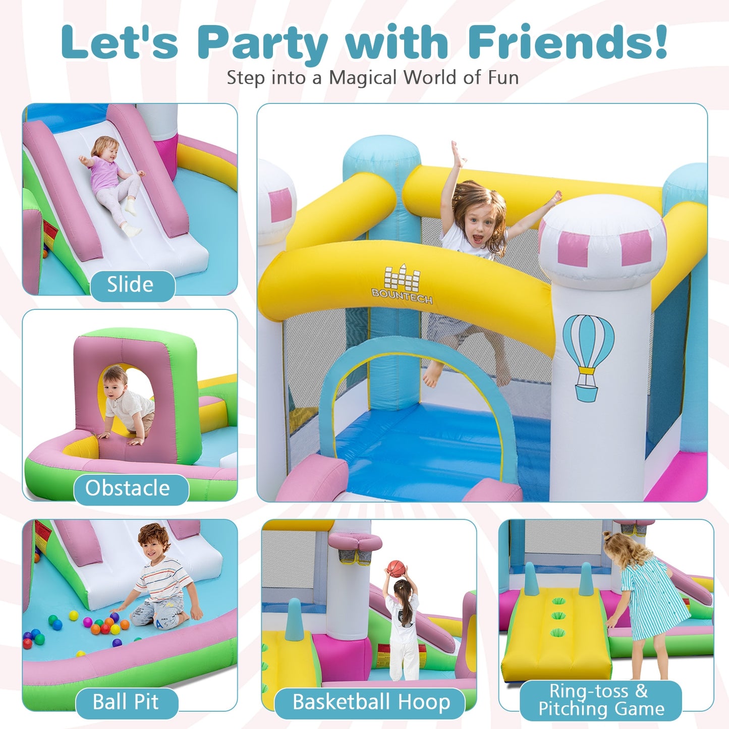 Inflatable Bounce House Bouncy Castle with Slide and Obstacle with 480W Blower Kids Crystal