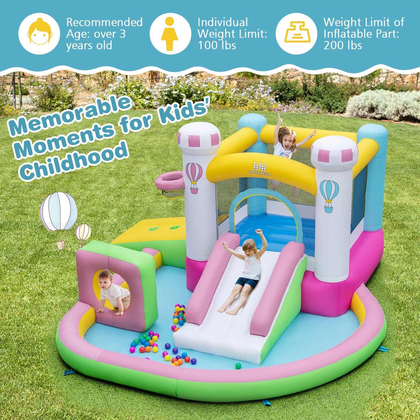 Inflatable Bounce House Bouncy Castle with Obstacle and Ball Pit with 520W Blower Kids Crystal