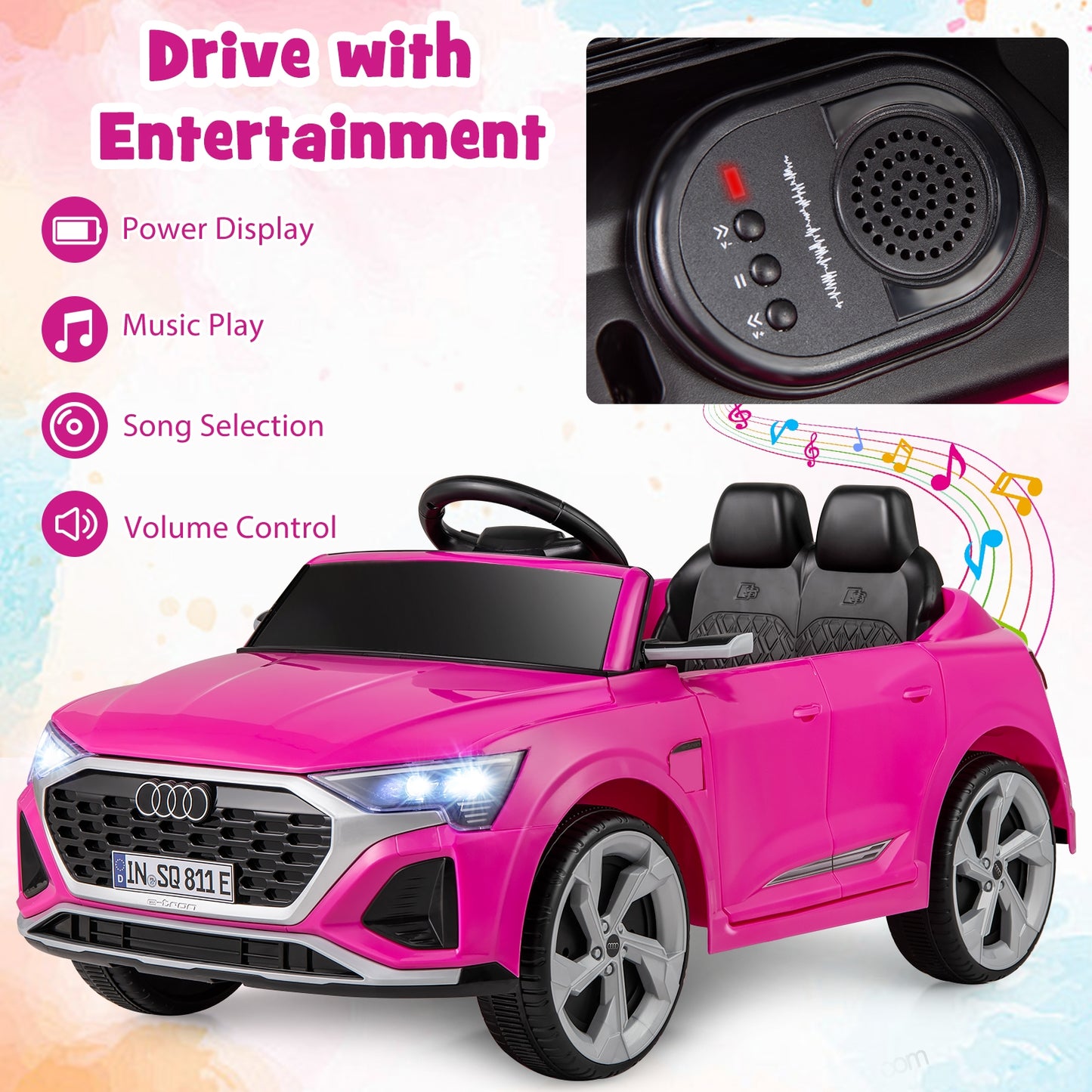 12V Kids Ride on Car Licensed Audi SQ8 with Remote Control and 3 Speeds-Pink Kids Crystal