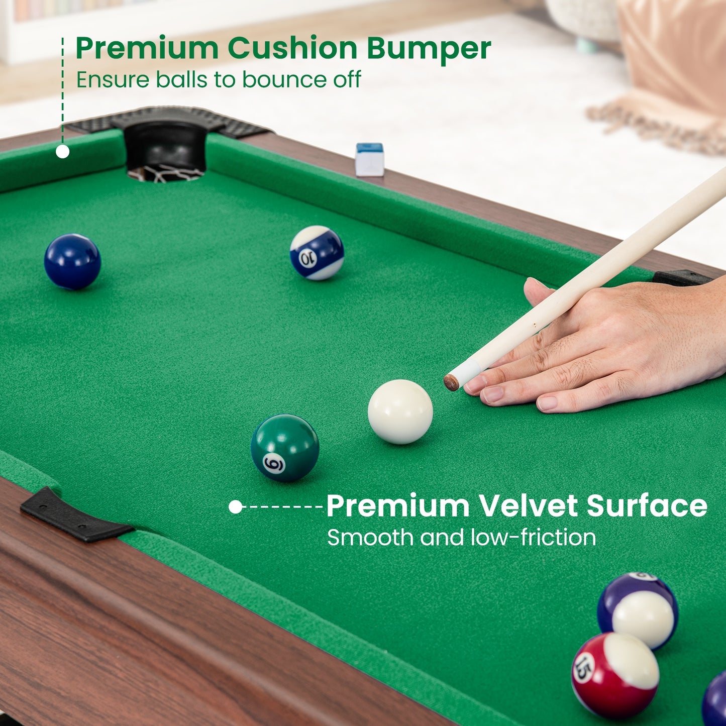 48 Inch Pool Wooden Game Table with Full Set of Ballsfor Kids and Adults-Green