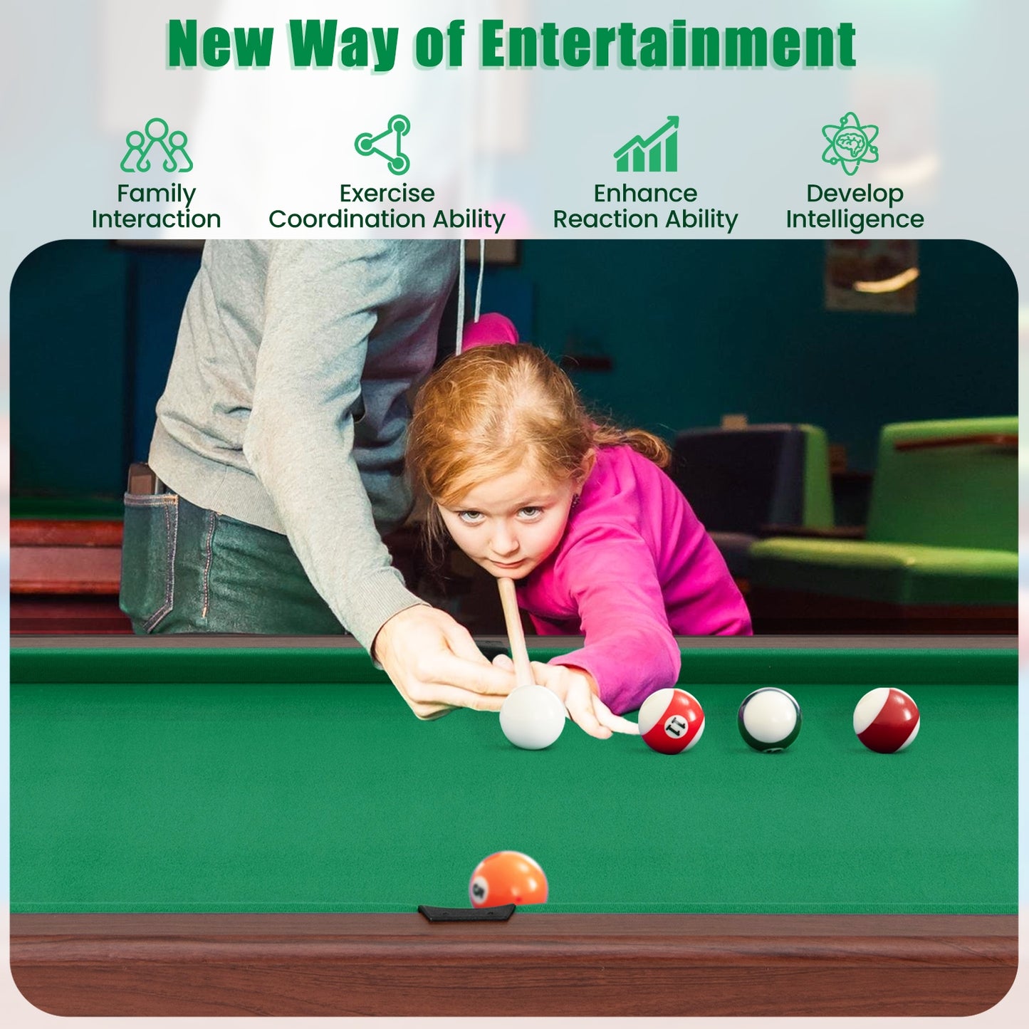48 Inch Pool Wooden Game Table with Full Set of Ballsfor Kids and Adults-Green