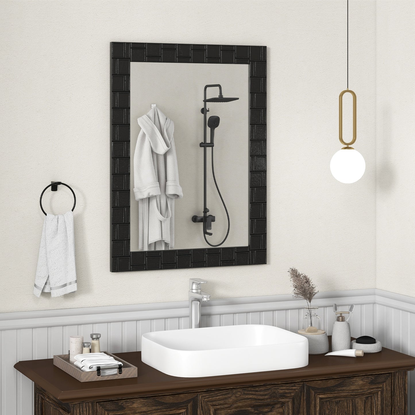 Wood Framed Wall Mirror Rectangle Vanity Mirror for Living Room Entryway-Black Kids Crystal